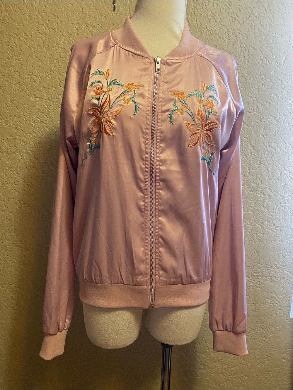 Romeo & Juliet Couture Pink Satin Floral Embroidered Bomber Jacket